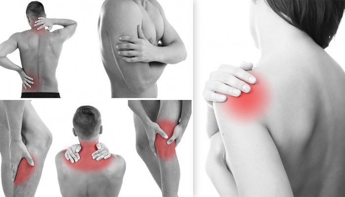Collage representing man having pain at several part of body